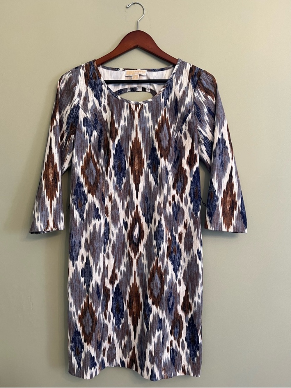 Michael Kors Blue, Brown & White Printed Long-Sleeve Shift Dress